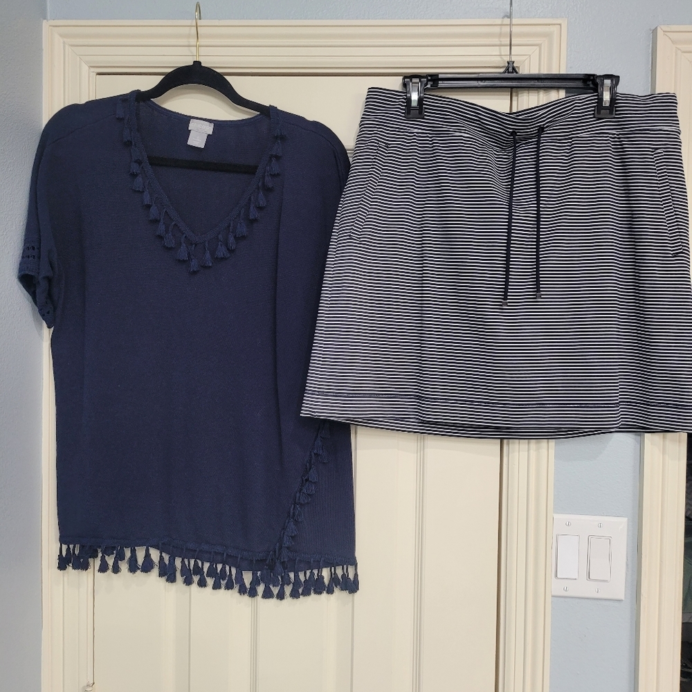 Chico's Navy Sweater (light weight) with tassels and Navy & White Skort